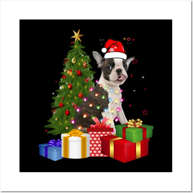 Boston Terrier Christmas Tree Santa Hat Funny Xmas Gift Dog T-Shirt Wall Art by CoolTees